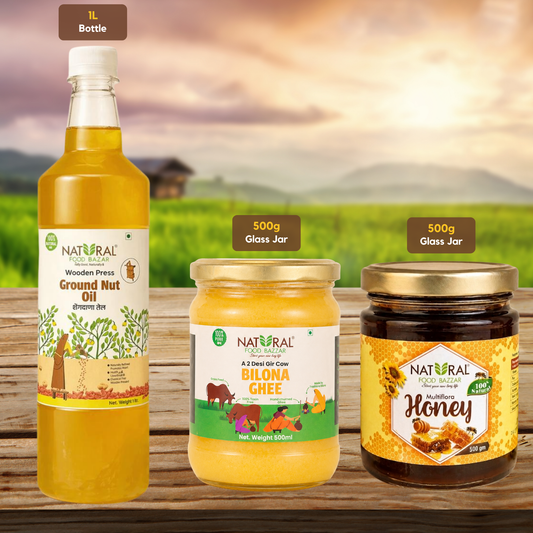Wood Cold-Press Groundnut Oil 1L + Honey 500ml + A2 Cow Ghee 500ml Combo | Natural Food Bazzar®