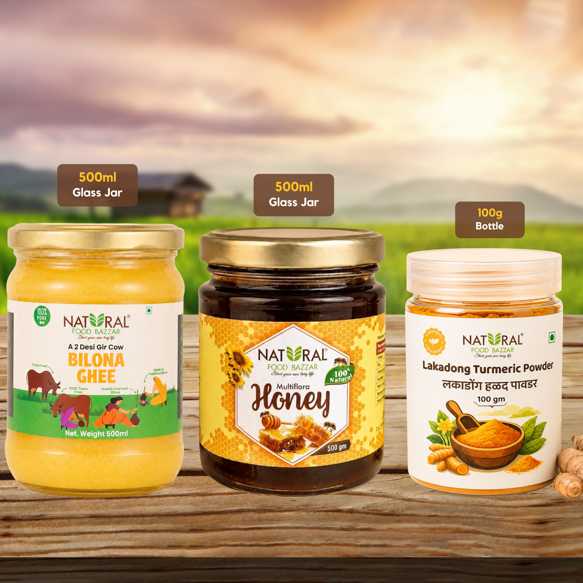 Natural Lakadong Turmeric Powder 100g + Honey 500g +  A2 Cow Ghee 500g Combo | Natural Food Bazzar®