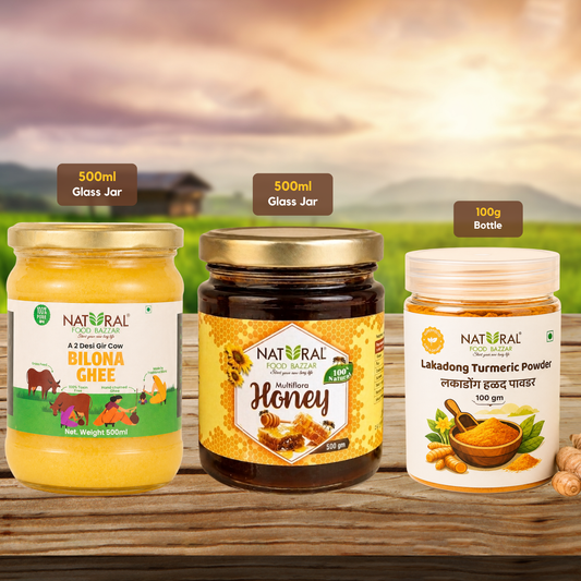Natural Lakadong Turmeric Powder 100g + Honey 500g +  A2 Cow Ghee 500g Combo | Natural Food Bazzar®