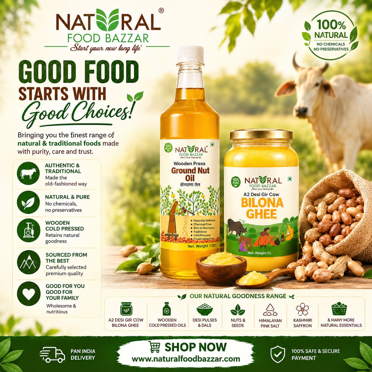 Wood Cold-Press Groundnut Oil 1L + Honey 500ml + A2 Cow Ghee 500ml Combo | Natural Food Bazzar®